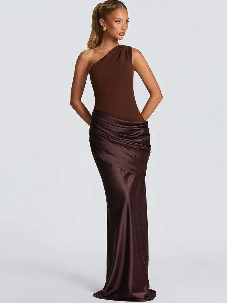 Women's One-Shoulder Wedding Guest Dress with Sleeveless and Loose Skirt