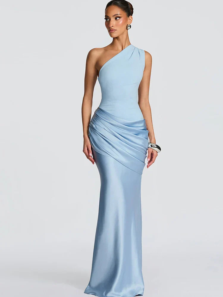 Women's One-Shoulder Wedding Guest Dress with Sleeveless and Loose Skirt