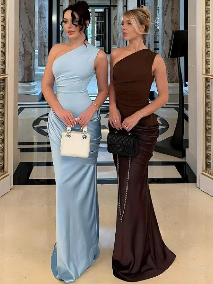 Women's One-Shoulder Wedding Guest Dress with Sleeveless and Loose Skirt