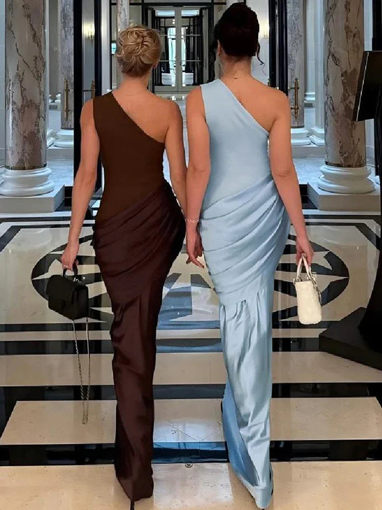 Women's One-Shoulder Wedding Guest Dress with Sleeveless and Loose Skirt