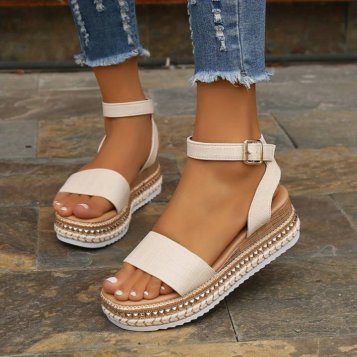 Women’s Open Toe Ankle Strap Sandals with Platform Wedge and Side Buckle