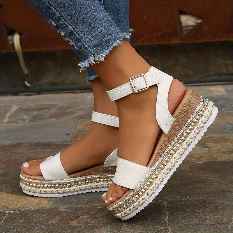 Women’s Open Toe Ankle Strap Sandals with Platform Wedge and Side Buckle