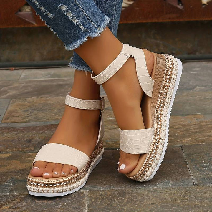 Women’s Open Toe Ankle Strap Sandals with Platform Wedge and Side Buckle