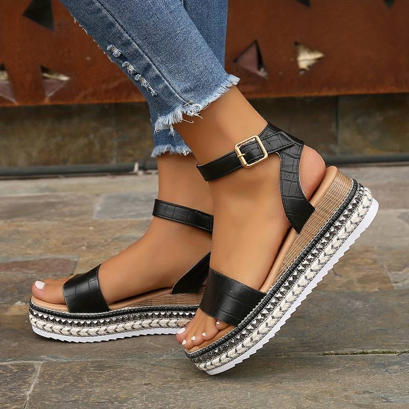 Women’s Open Toe Ankle Strap Sandals with Platform Wedge and Side Buckle