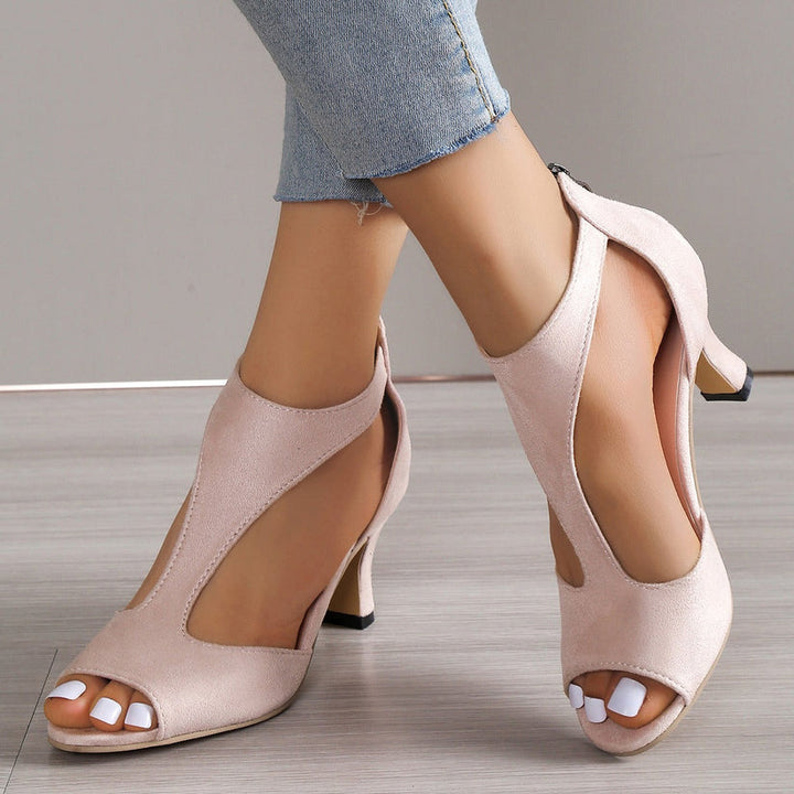 Women's Open-Toe Block Heels with Cut-Out Sides and Back Zipper Closure