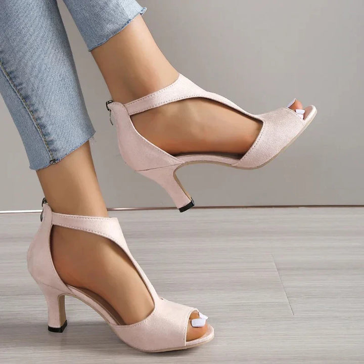 Women's Open-Toe Block Heels with Cut-Out Sides and Back Zipper Closure