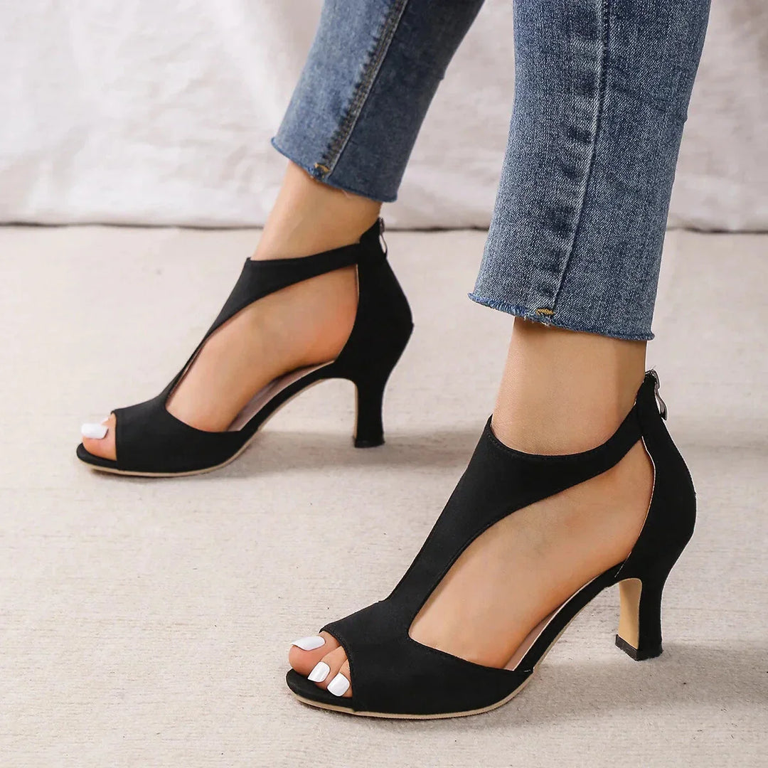Women's Open-Toe Block Heels with Cut-Out Sides and Back Zipper Closure