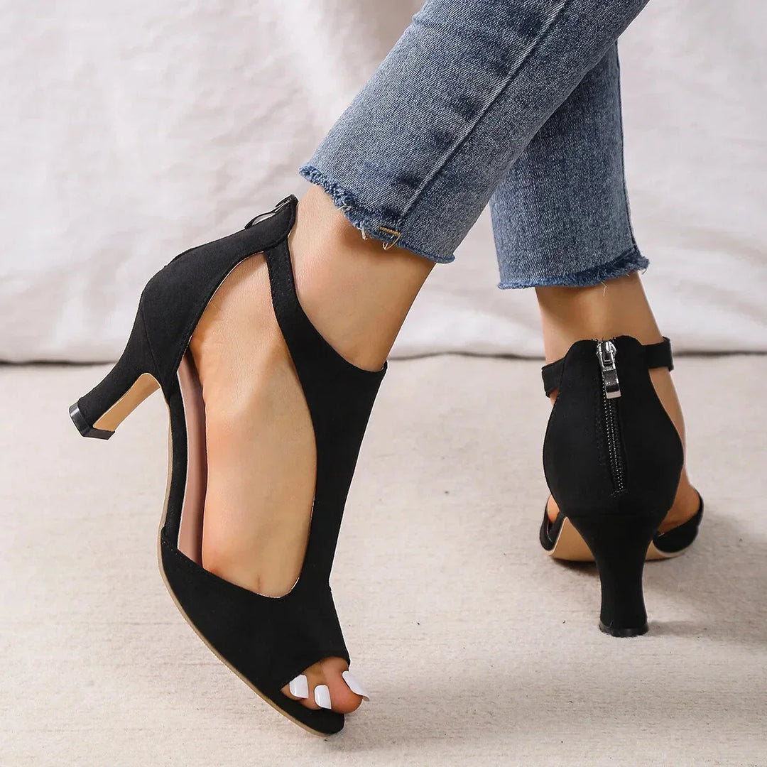 Women's Open-Toe Block Heels with Cut-Out Sides and Back Zipper Closure
