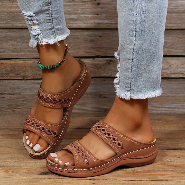 Women's Open-Toe Slide Sandals with Dual Straps and Geometric Cutouts
