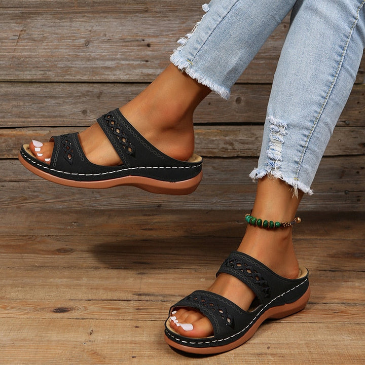 Women's Open-Toe Slide Sandals with Dual Straps and Geometric Cutouts