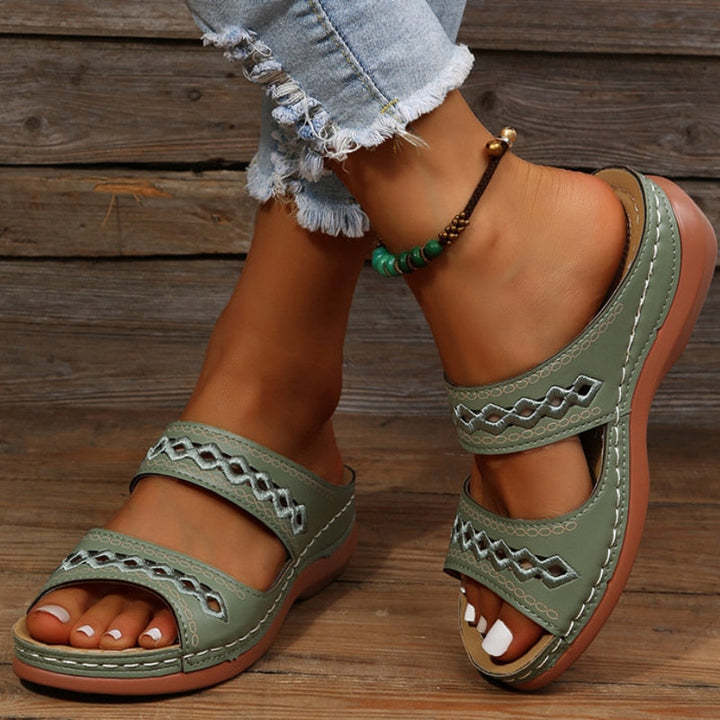 Women's Open-Toe Slide Sandals with Dual Straps and Geometric Cutouts