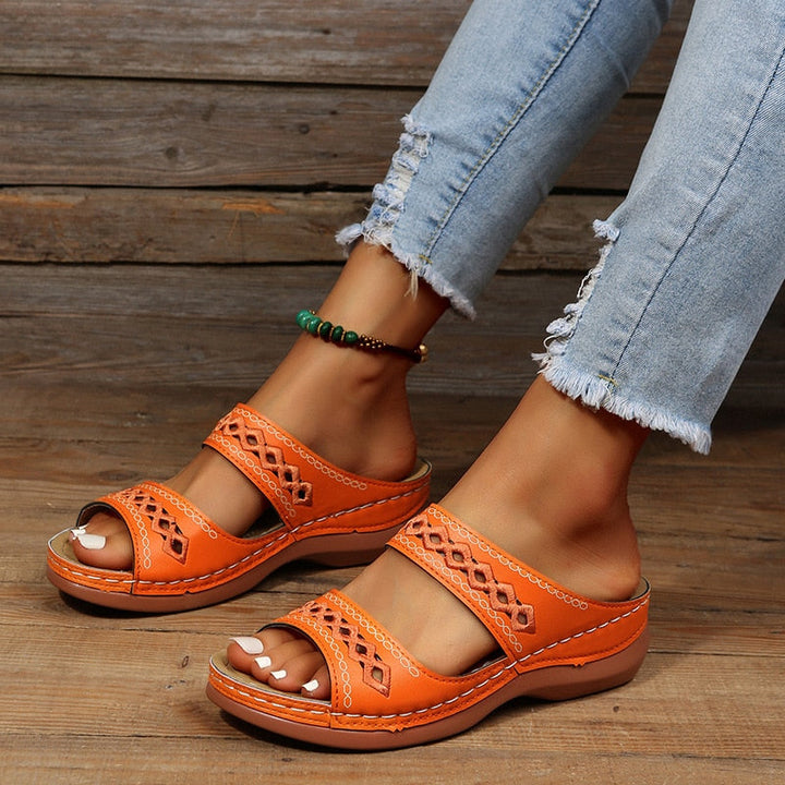 Women's Open-Toe Slide Sandals with Dual Straps and Geometric Cutouts