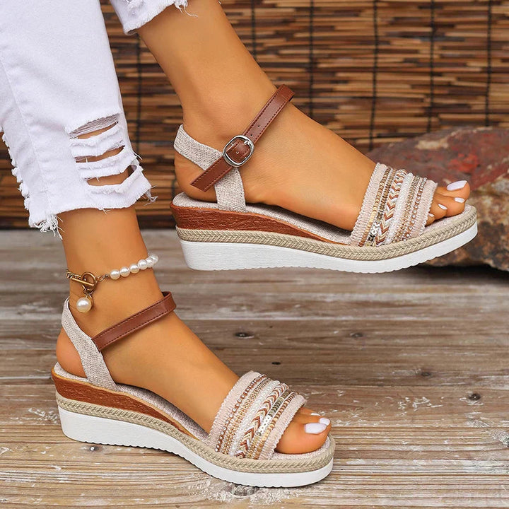 Women's Open Toe Wedge Sandals with Beaded Strap and Buckled Ankle Closure