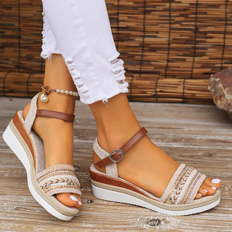 Women's Open Toe Wedge Sandals with Beaded Strap and Buckled Ankle Closure