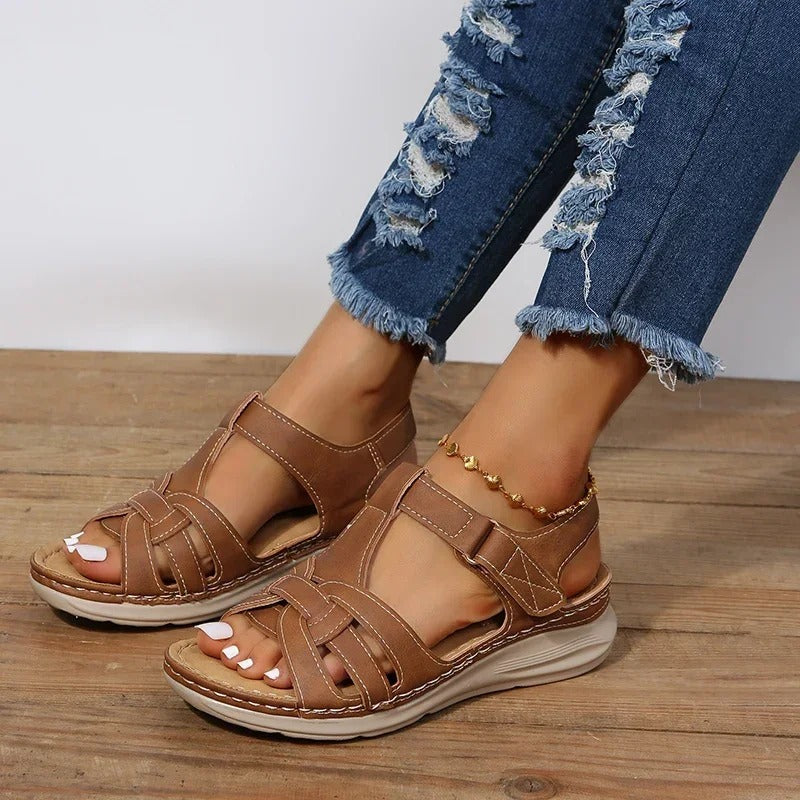 Women's Open Toe Wedge Sandals with Interwoven Straps and Adjustable Ankle Closure