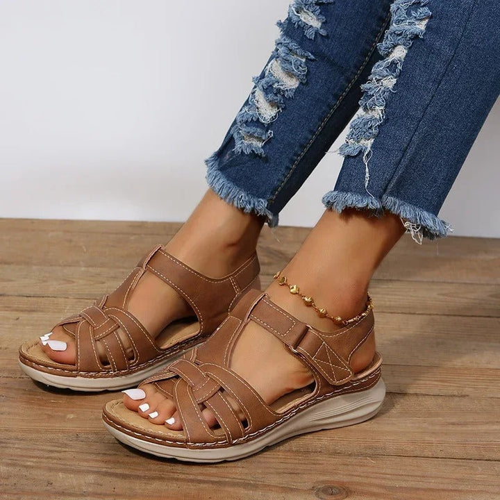 Women's Open Toe Wedge Sandals with Interwoven Straps and Adjustable Ankle Closure