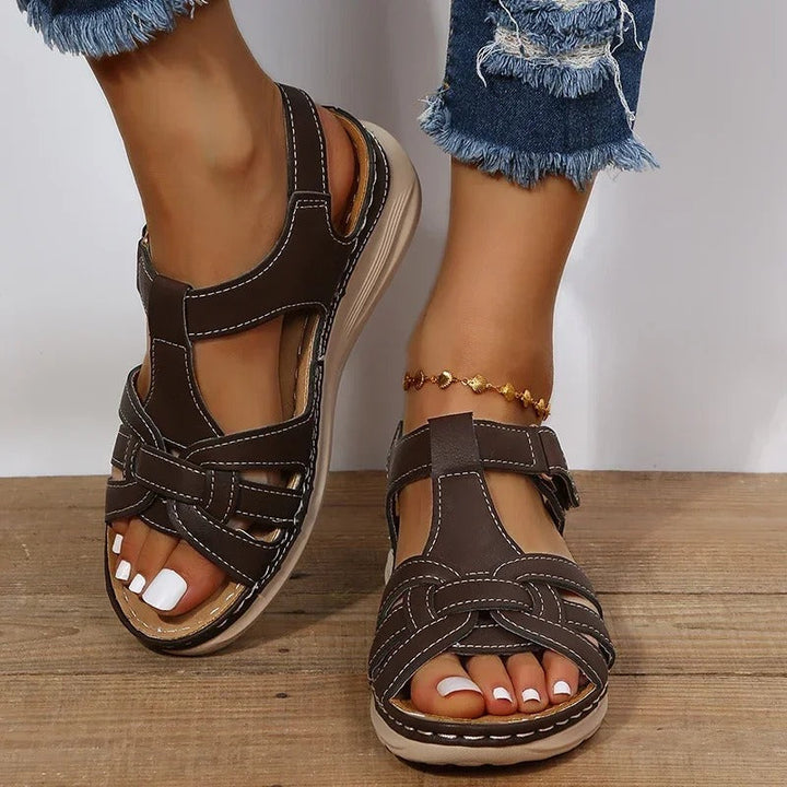 Women's Open Toe Wedge Sandals with Interwoven Straps and Adjustable Ankle Closure