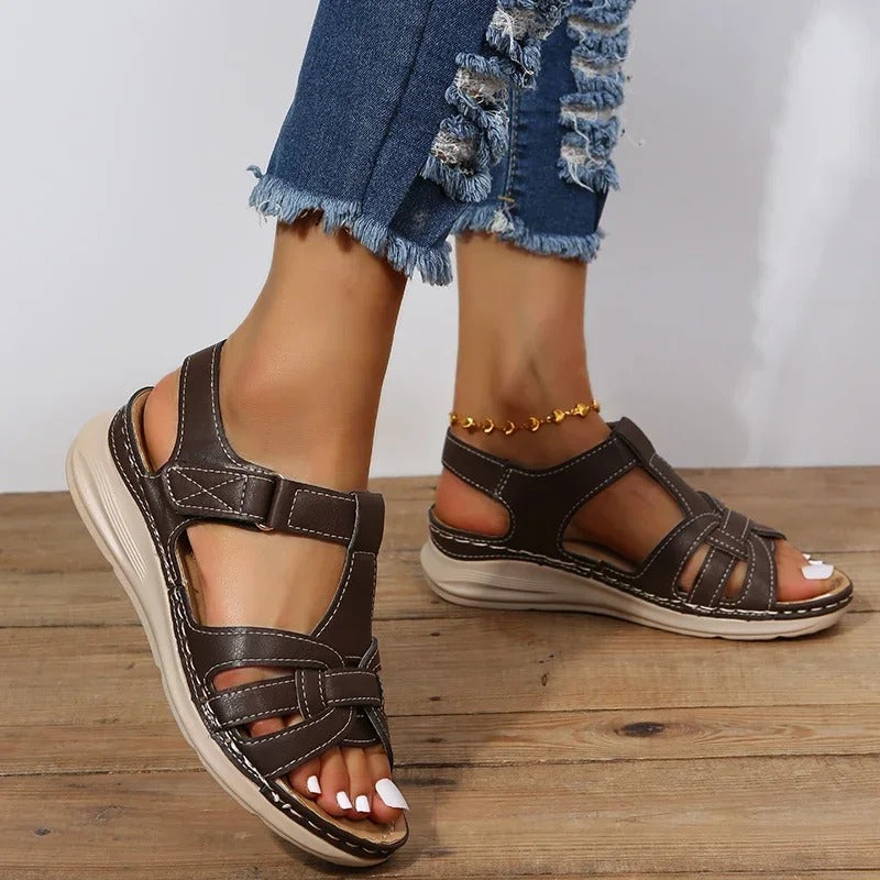 Women's Open Toe Wedge Sandals with Interwoven Straps and Adjustable Ankle Closure