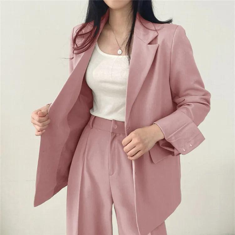 Women’s Oversized Two-Piece Suit with Notch Lapel Blazer and Wide-Leg Pants