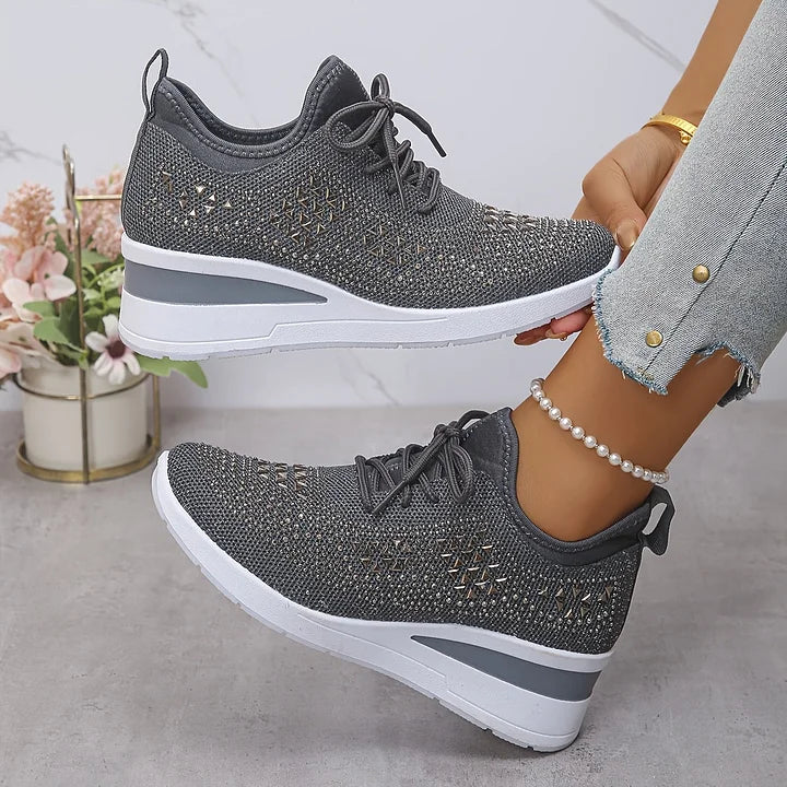 Women's Platform Wedge Sneakers with Embellishments and Lace-up Closure