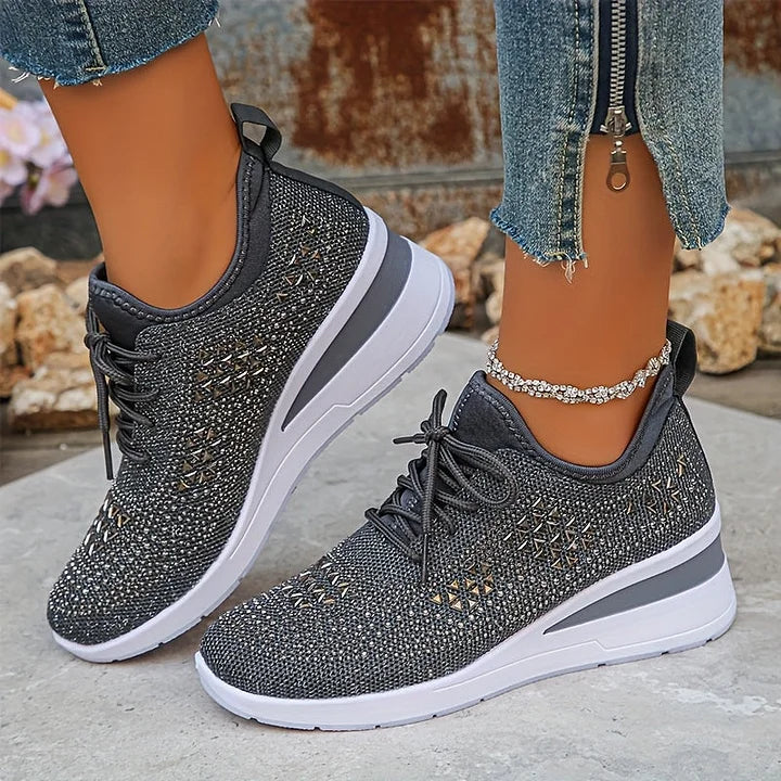 Women's Platform Wedge Sneakers with Embellishments and Lace-up Closure