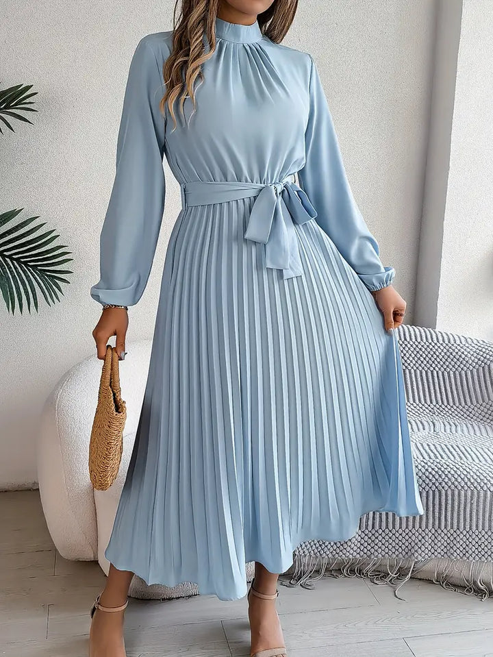 Women’s Pleated Midi Dress with Long Sleeves and Tie Belt