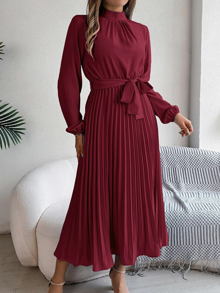 Women’s Pleated Midi Dress with Long Sleeves and Tie Belt