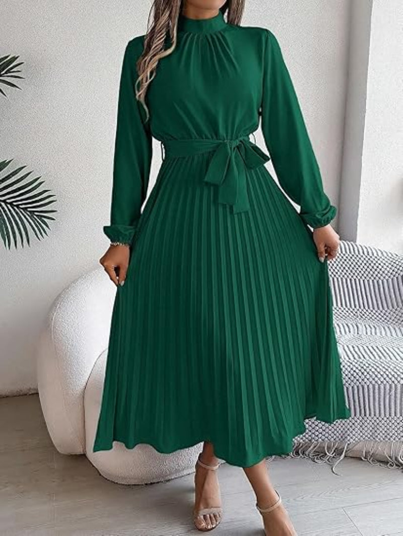 Women’s Pleated Midi Dress with Long Sleeves and Tie Belt