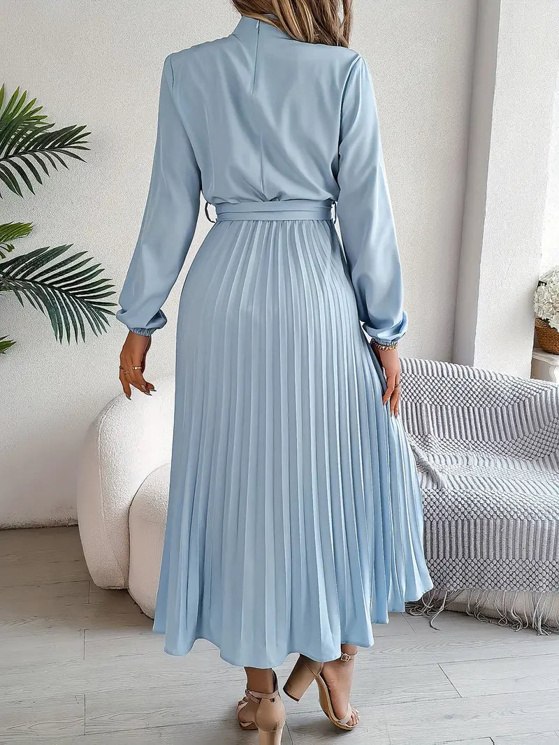 Women’s Pleated Midi Dress with Long Sleeves and Tie Belt