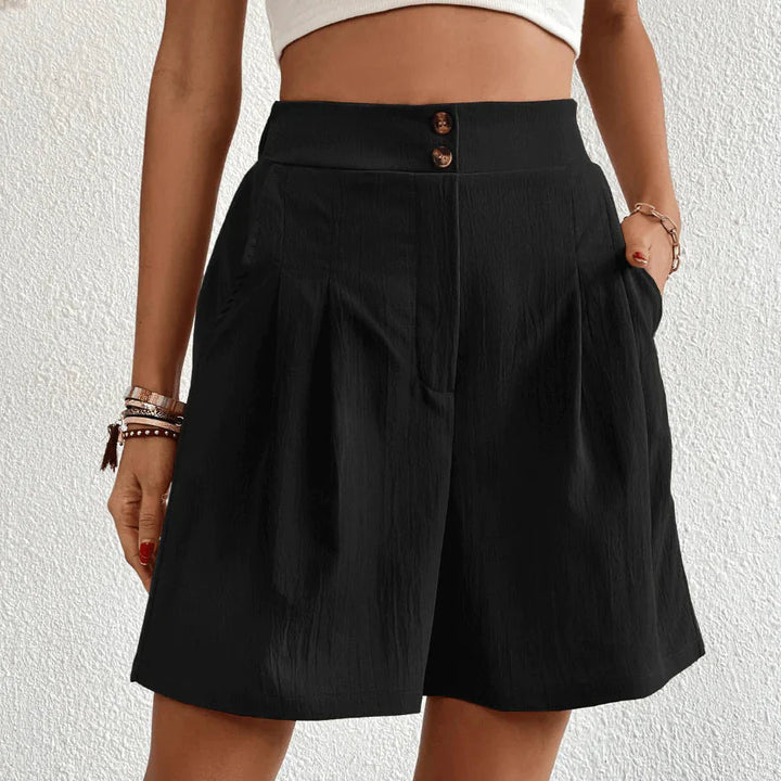 Women's Pleated Shorts with High Waisted and Double Button Closure