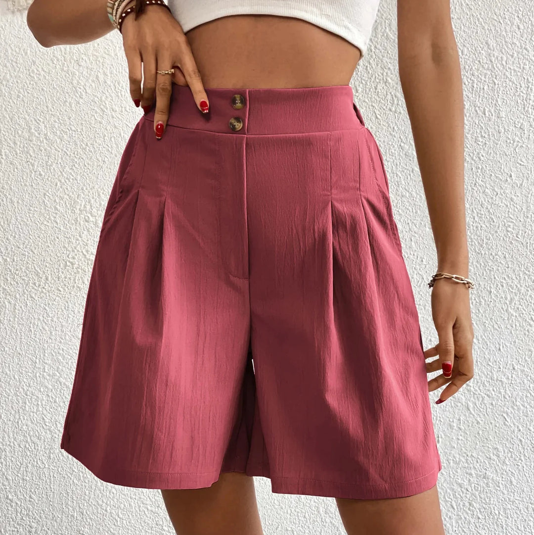 Women's Pleated Shorts with High Waisted and Double Button Closure