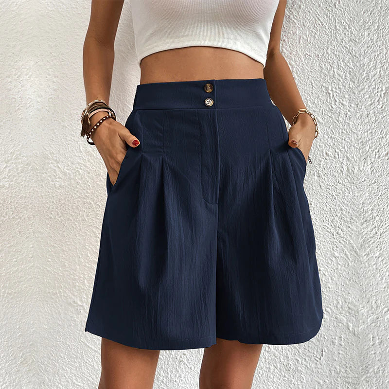 Women's Pleated Shorts with High Waisted and Double Button Closure