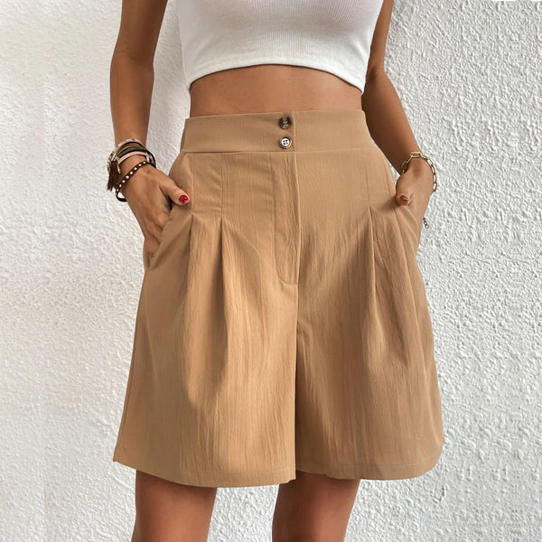 Women's Pleated Shorts with High Waisted and Double Button Closure