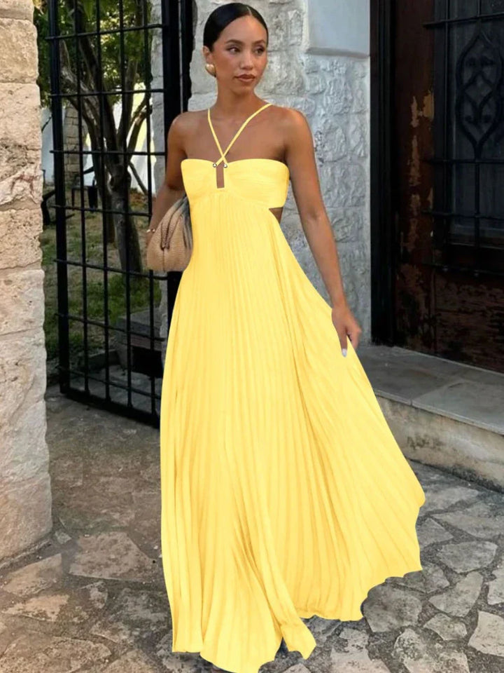 Women’s Pleated Wedding Guest Dress with Halter Neckline and Open Back