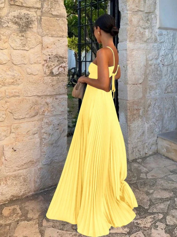 Women’s Pleated Wedding Guest Dress with Halter Neckline and Open Back