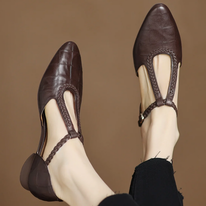 Women’s Pointed Toe Mary Jane Shoes with Braided T-Strap and Low Block Heel