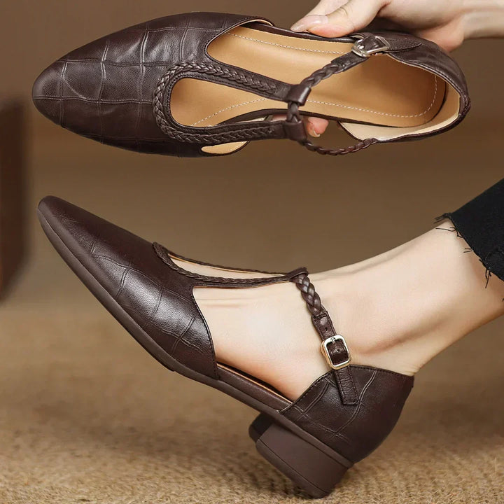 Women’s Pointed Toe Mary Jane Shoes with Braided T-Strap and Low Block Heel