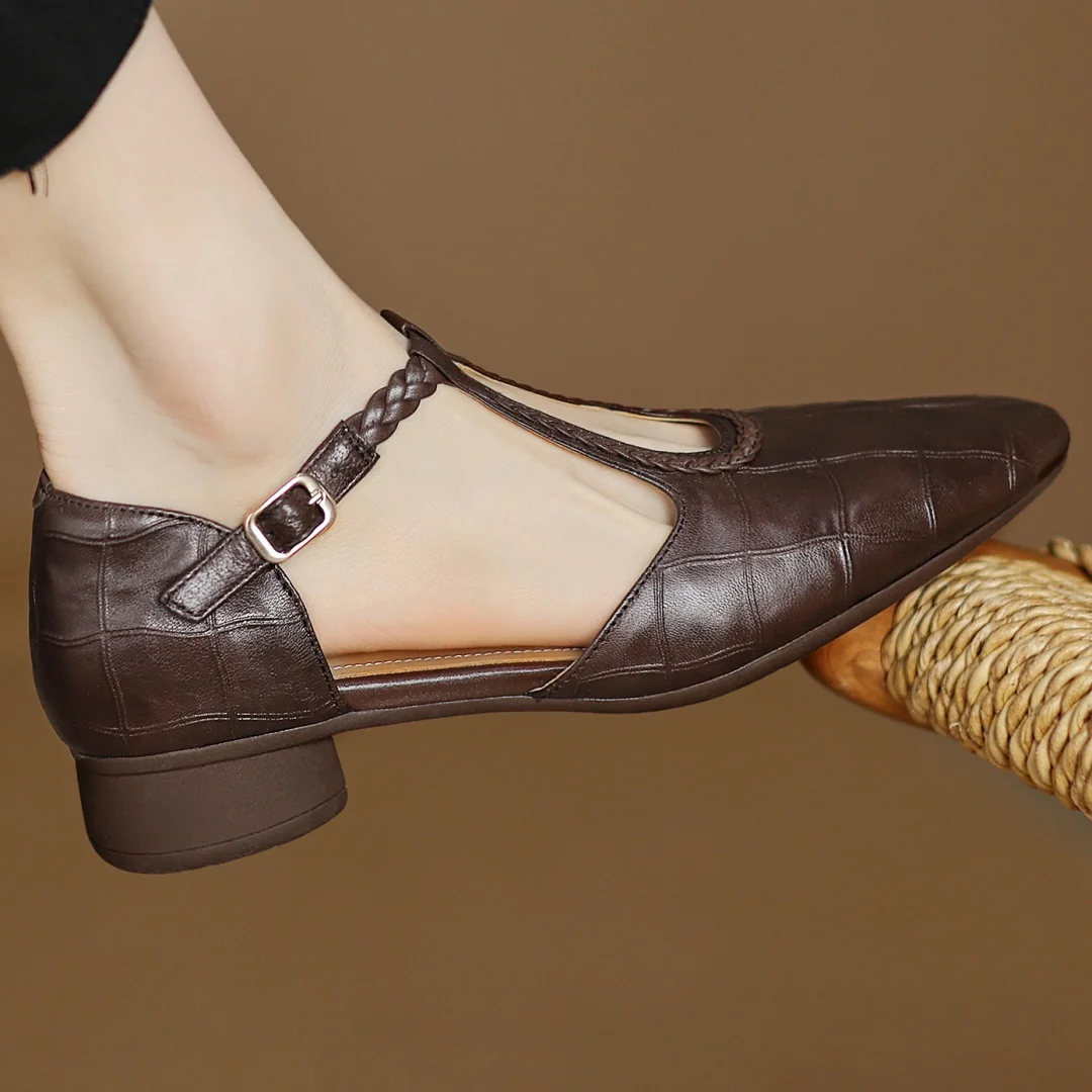 Women’s Pointed Toe Mary Jane Shoes with Braided T-Strap and Low Block Heel