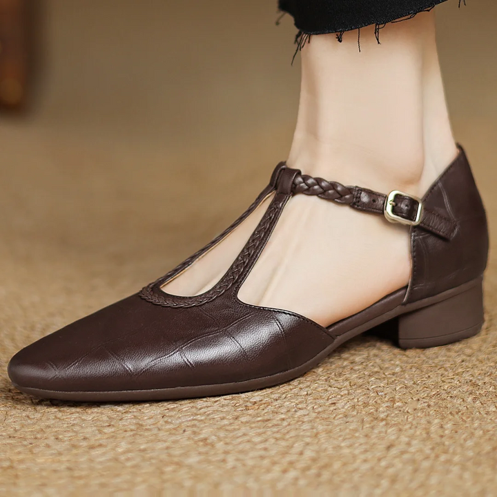 Women’s Pointed Toe Mary Jane Shoes with Braided T-Strap and Low Block Heel