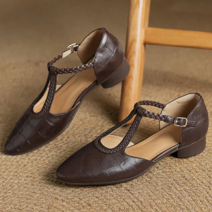 Women’s Pointed Toe Mary Jane Shoes with Braided T-Strap and Low Block Heel