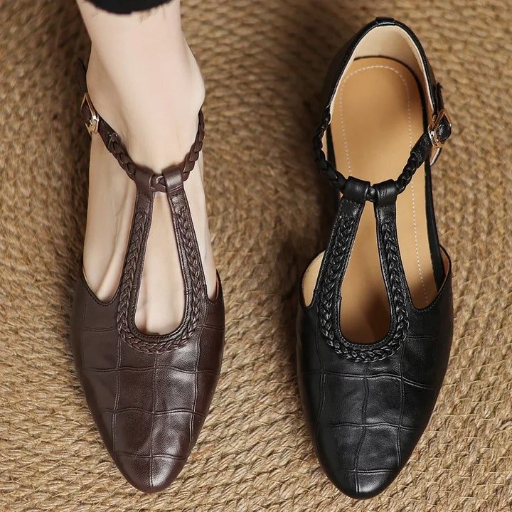 Women’s Pointed Toe Mary Jane Shoes with Braided T-Strap and Low Block Heel