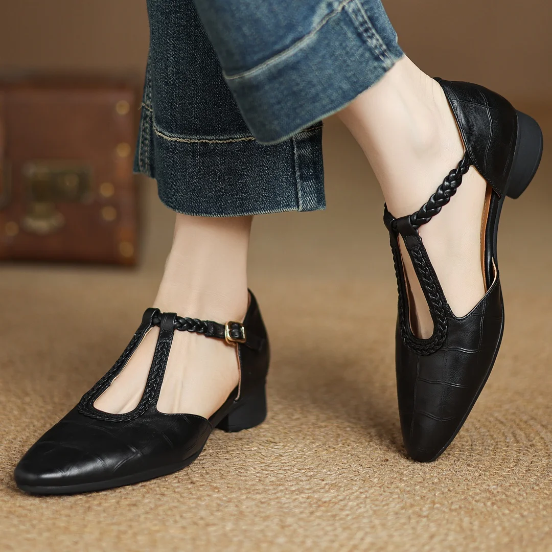 Women’s Pointed Toe Mary Jane Shoes with Braided T-Strap and Low Block Heel