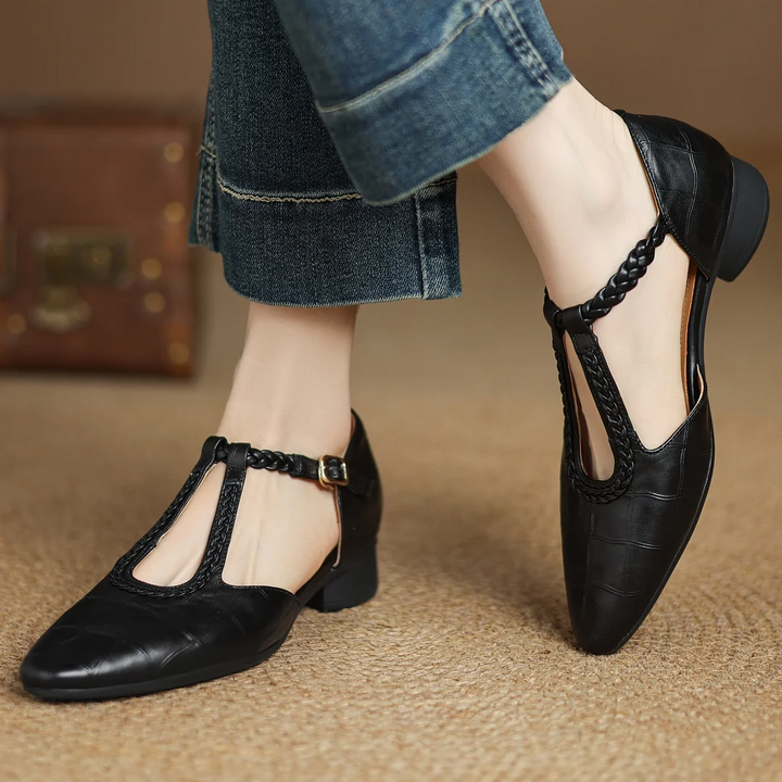 Women’s Pointed Toe Mary Jane Shoes with Braided T-Strap and Low Block Heel