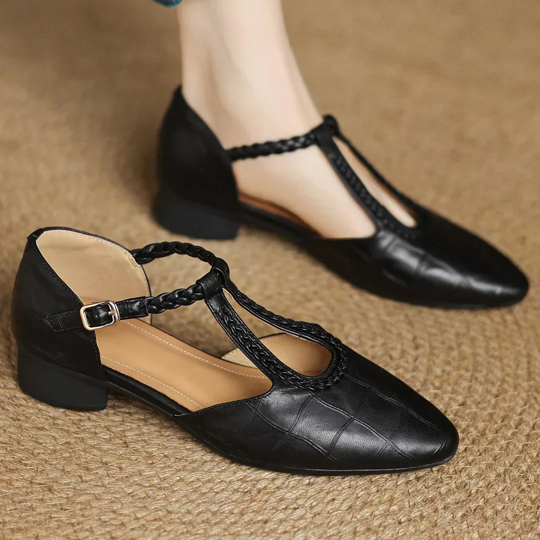 Women’s Pointed Toe Mary Jane Shoes with Braided T-Strap and Low Block Heel