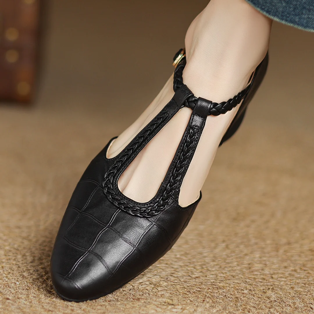 Women’s Pointed Toe Mary Jane Shoes with Braided T-Strap and Low Block Heel