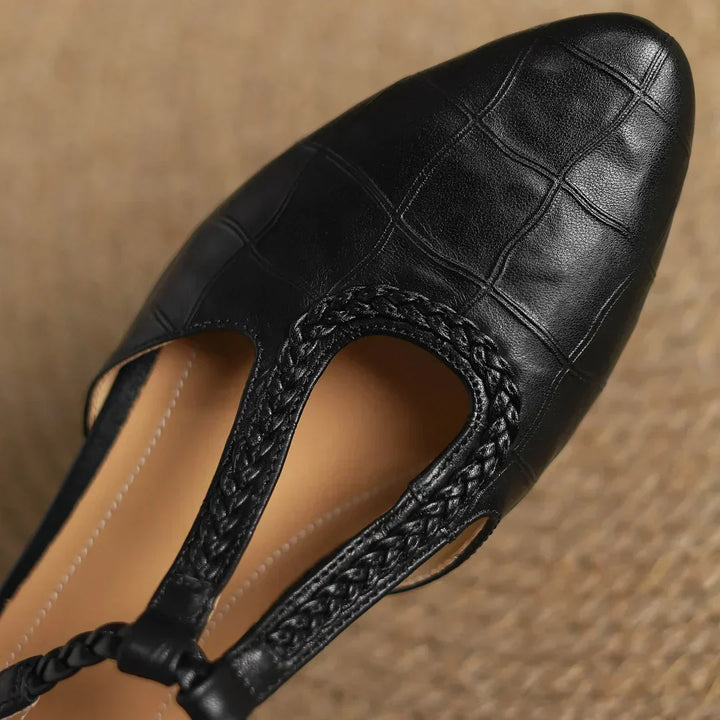 Women’s Pointed Toe Mary Jane Shoes with Braided T-Strap and Low Block Heel