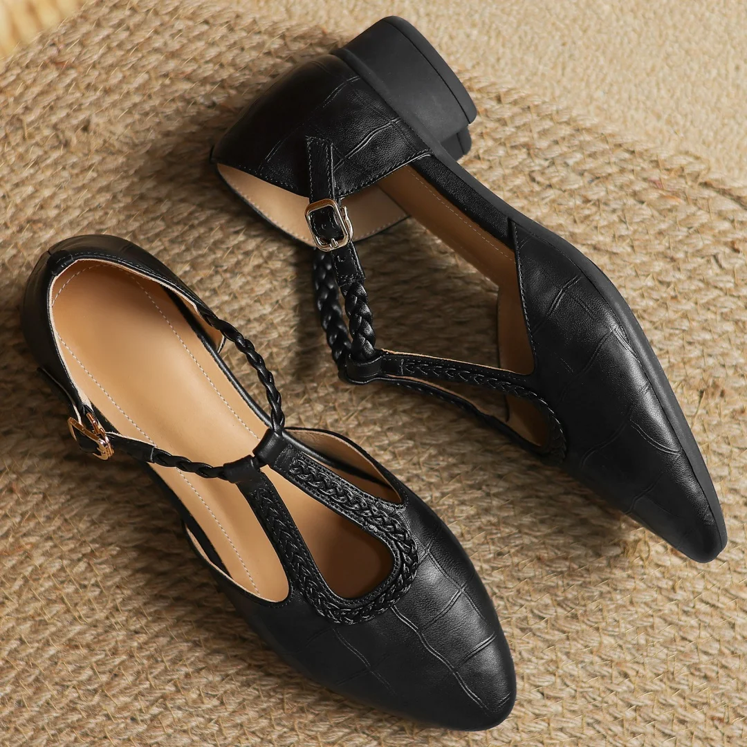 Women’s Pointed Toe Mary Jane Shoes with Braided T-Strap and Low Block Heel
