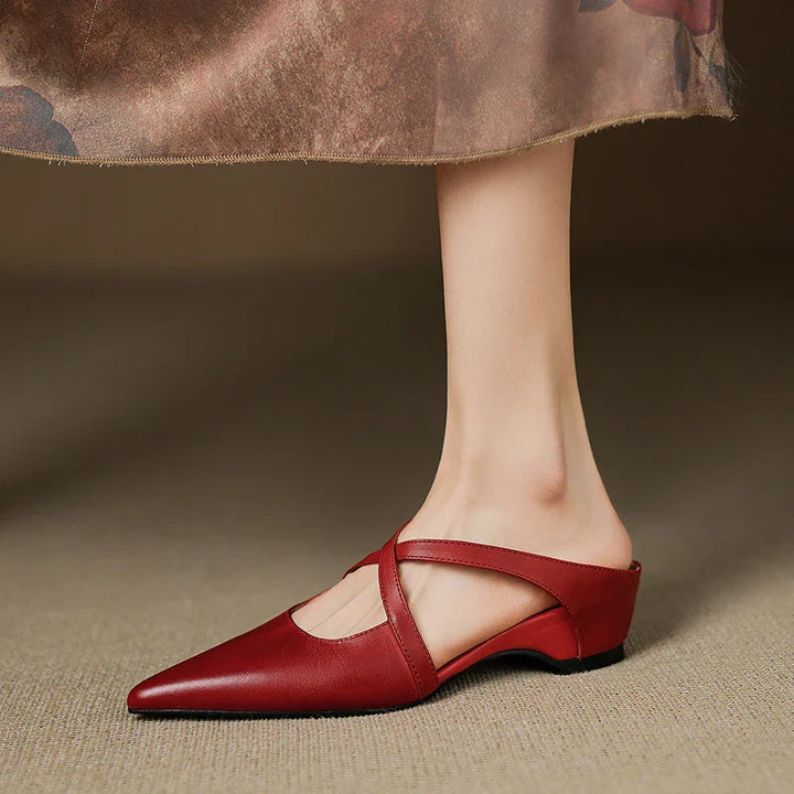 Women's Pointed Toe Mule Shoes with Crisscross Straps and Low Wedge Heel