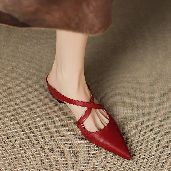 Women's Pointed Toe Mule Shoes with Crisscross Straps and Low Wedge Heel