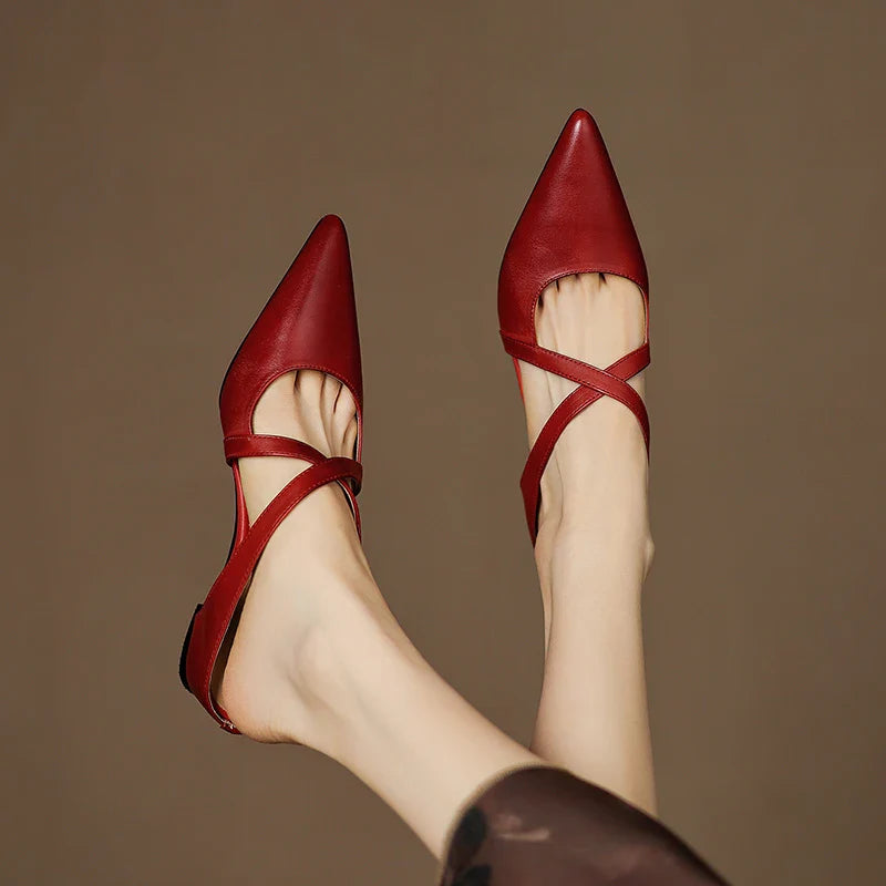 Women's Pointed Toe Mule Shoes with Crisscross Straps and Low Wedge Heel